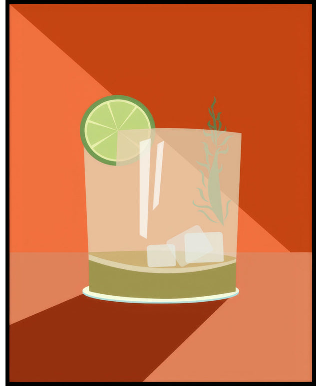 Ein Poster einer Illustration eines Gin Tonic Cocktails vor einem orangenem Hintergrund.