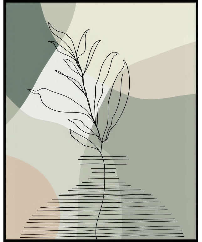 Ein Poster von abstrakten erdfarbenen Formen mit einer Pflanze im Vordergrund.