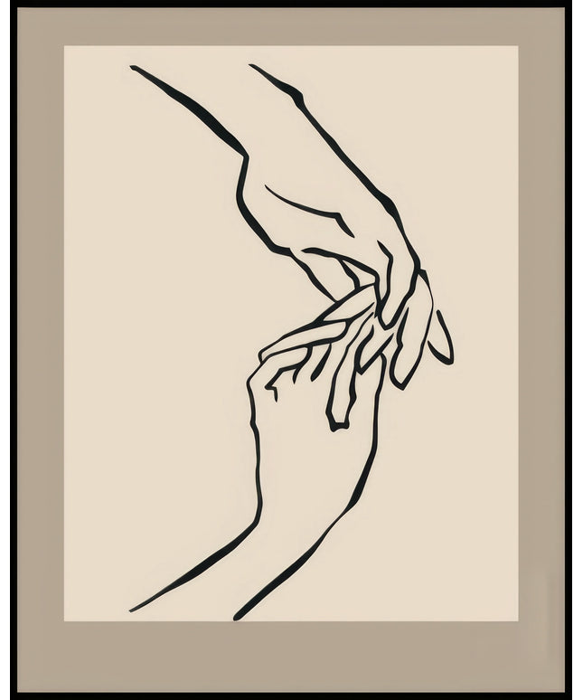 Ein Poster von skizzenhaft gezeichneten Händen die sich berühren auf einem beigem Untergrund.