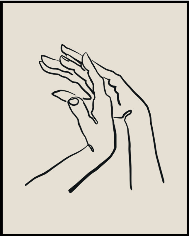 Ein Poster von skizzenhaft gezeichneten Händen die sich berühren auf einem beigem Untergrund.
