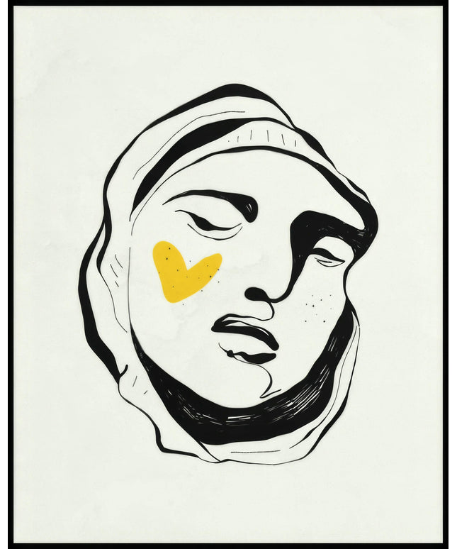 Ein Poster einer abstrakten Zeichnung eines weiblichen Gesichts mit einem gelben Herz auf der Wange und einem Kopftuch.