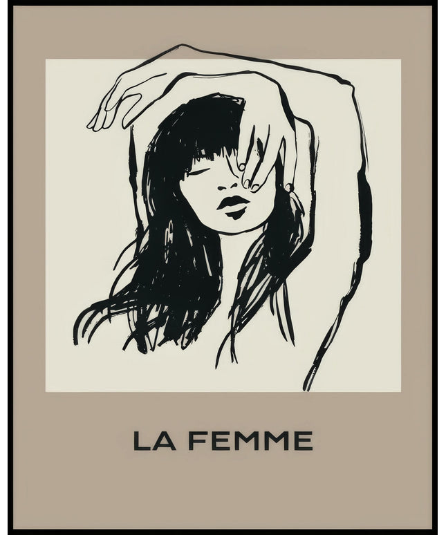  Ein Poster einer Illustration einer Frau mit langen Haaren, die ihre Hand vor das Gesicht hält.