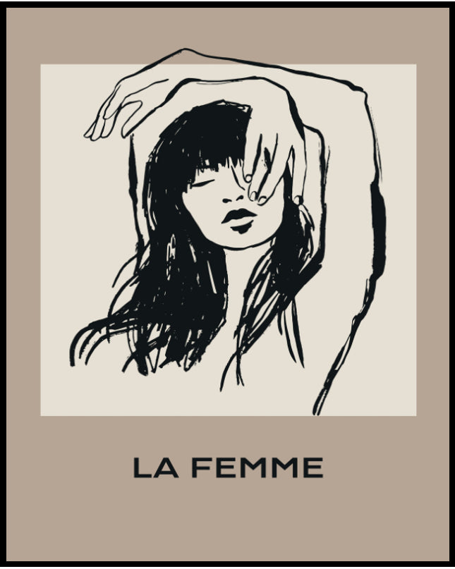  Ein Poster einer Illustration einer Frau mit langen Haaren, die ihre Hand vor das Gesicht hält.