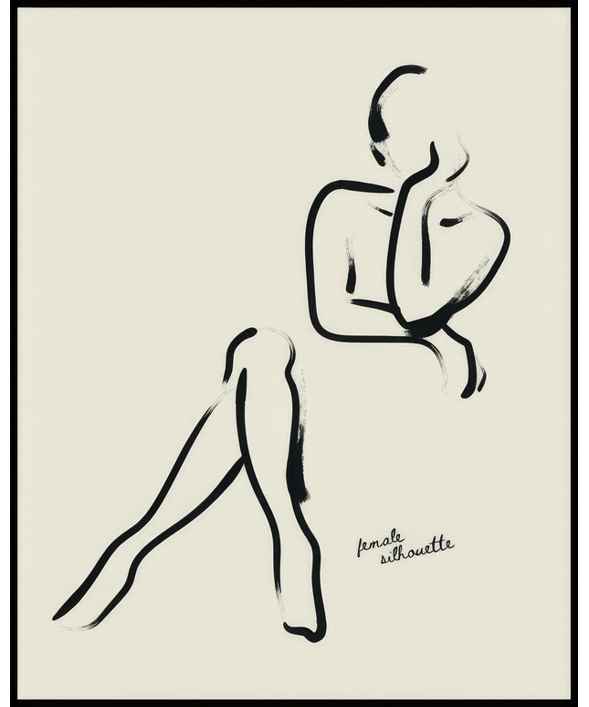 Ein Poster von einer minimalistischen Skizzenzeichnung einer sitzenden Frau.