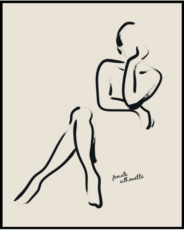 Ein Poster von einer minimalistischen Skizzenzeichnung einer sitzenden Frau.