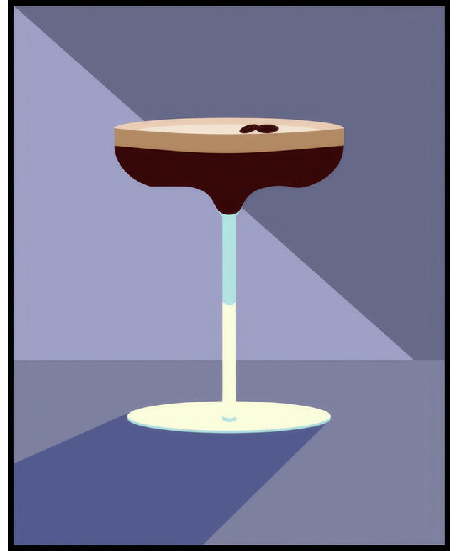 Ein Poster einer Illustration eines Espresso Martini Cocktails vor einem blauem Hintergrund.