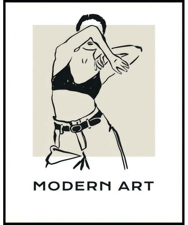 Ein Poster von einer Skizzenzeichnung einer Frau in weißer Hose und schwarzem BH die ihr Gesicht mit einem Arm bedeckt.