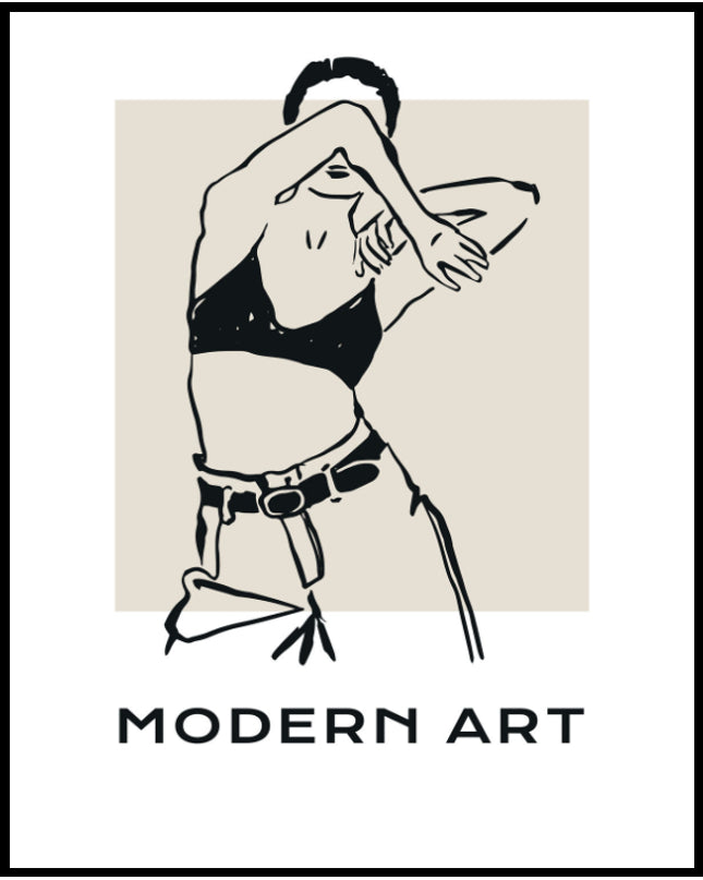 Ein Poster von einer Skizzenzeichnung einer Frau in weißer Hose und schwarzem BH die ihr Gesicht mit einem Arm bedeckt.