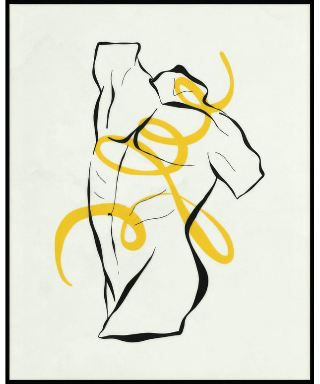 Ein Poster von einer Illustration eines Oberkörpers einer Statue mit gelben überlappenden Farbakzenten.