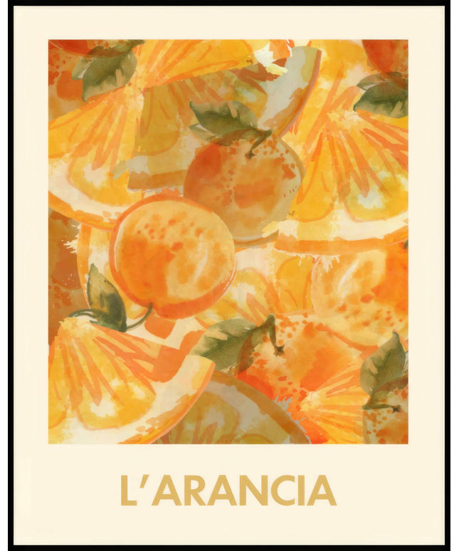  Ein Poster von einer Illustration von Orangen und Orangenscheiben in warmen, gelben und orangen Farbtönen.