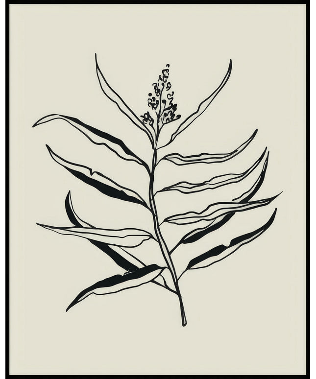 Ein Poster einer Illustration einer botanischen Pflanze mit schwarzen Linien auf einem beigen Hintergrund.