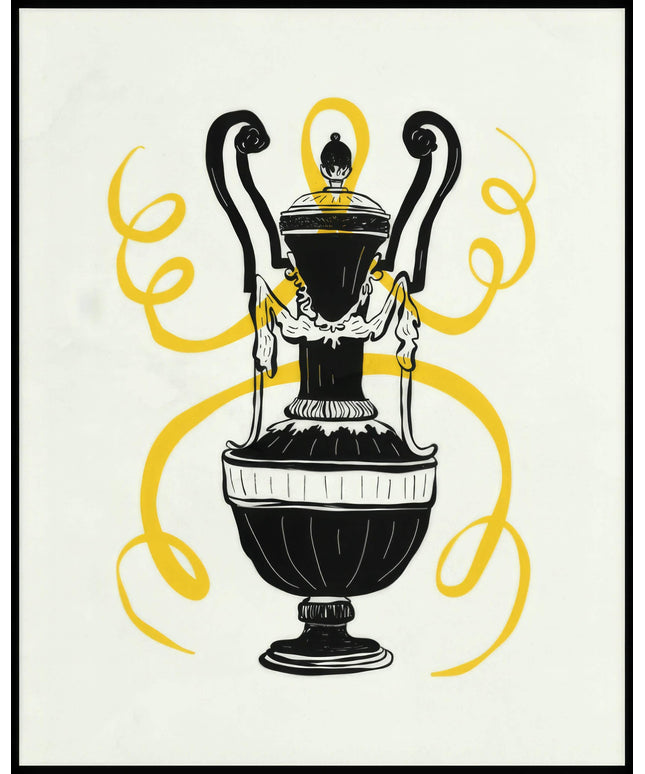 Ein Poster von einem dekorativen antiken Pokal mit gelben Akzenten auf weißem Hintergrund.