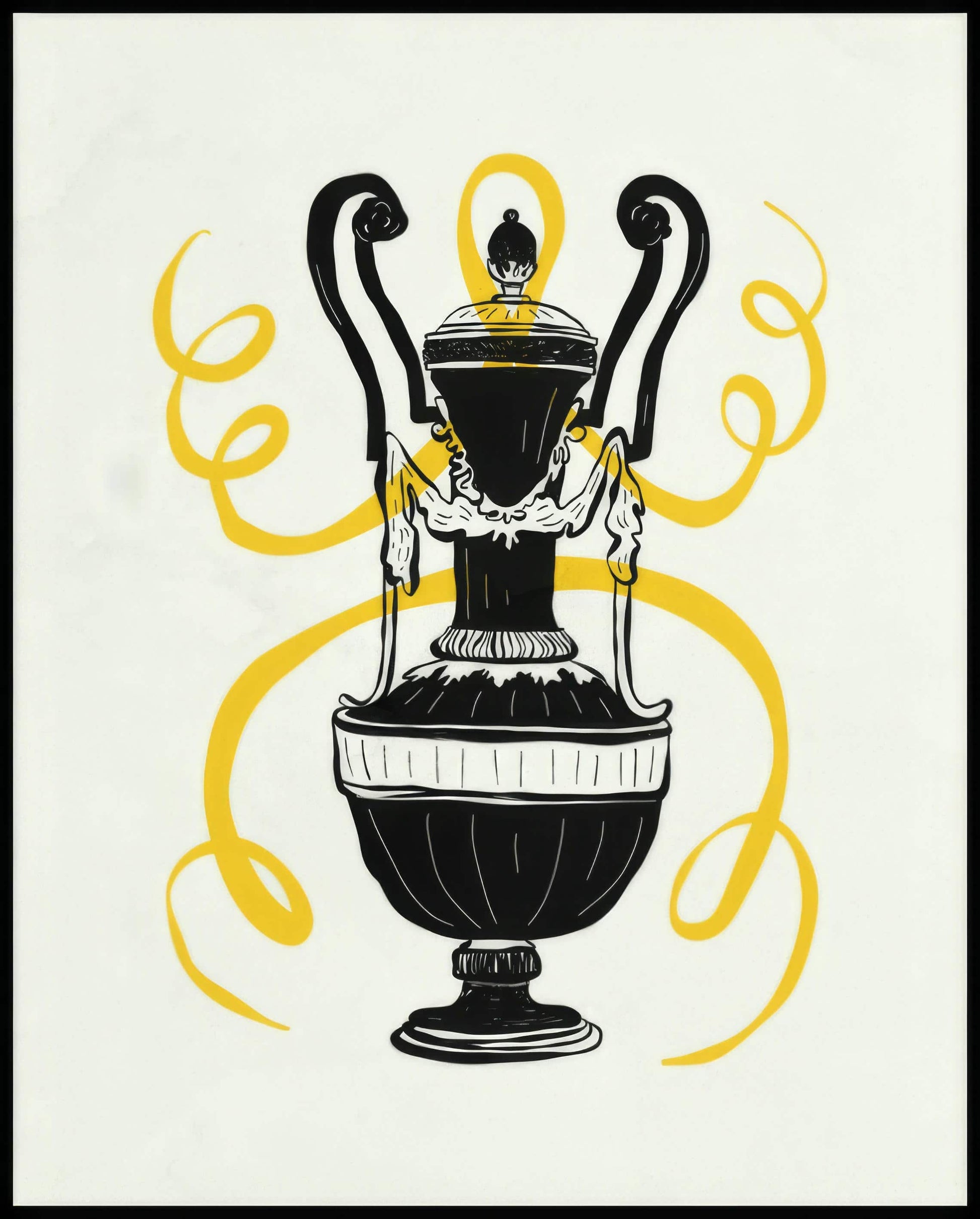 Ein Poster von einem dekorativen antiken Pokal mit gelben Akzenten auf weißem Hintergrund.