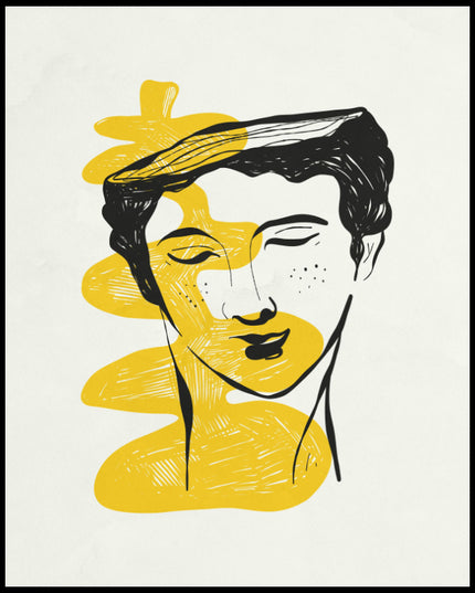 Ein Poster von einer Illustration eines Porträtkopfes mit gelben und schwarzen Linien.