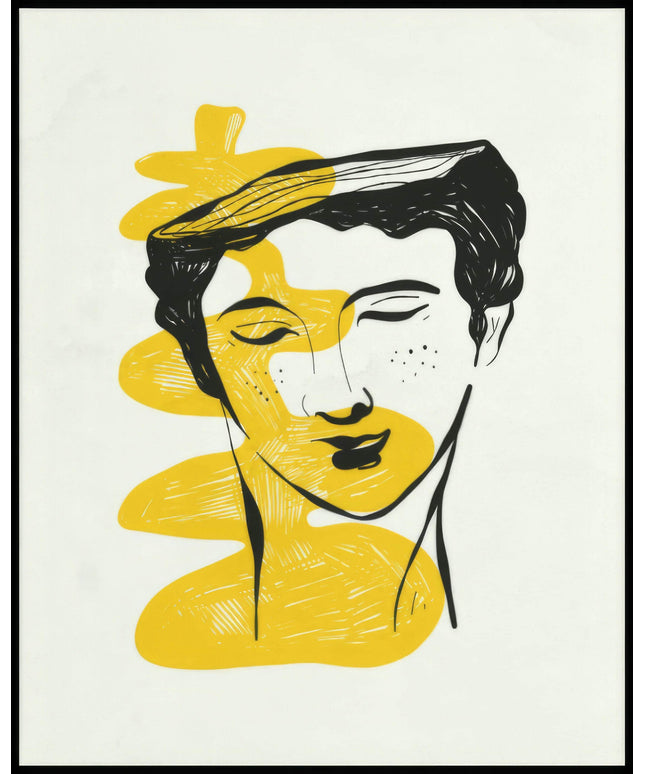 Ein Poster von einer Illustration eines Porträtkopfes mit gelben und schwarzen Linien.