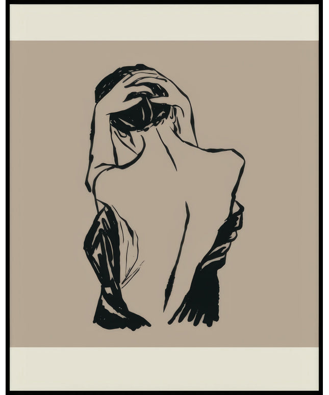 Ein Poster von der Rückansicht einer Frau, die ihre Hände hinter dem Kopf verschränkt, in schwarz auf beigem Hintergrund.