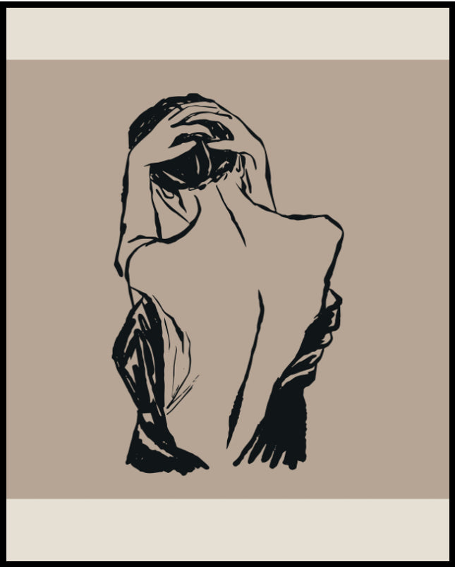 Ein Poster von der Rückansicht einer Frau, die ihre Hände hinter dem Kopf verschränkt, in schwarz auf beigem Hintergrund.