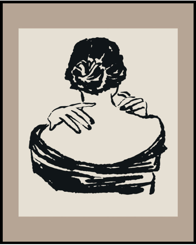 Ein Poster vom Rücken einer Frau mit hochgestecktem Haar, die ihre Hände auf ihren Nacken legt.