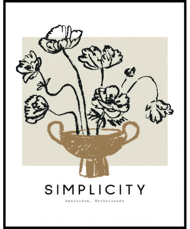 Ein Poster von einer skizzenhafte Darstellung einer Blumenvasen-Illustration mit dem Text "Simplicity".