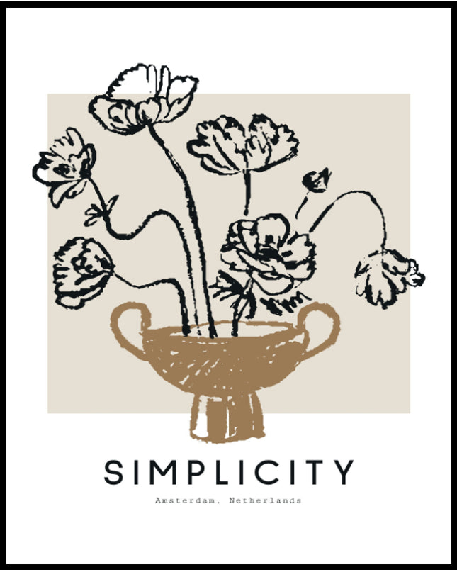 Ein Poster von einer skizzenhafte Darstellung einer Blumenvasen-Illustration mit dem Text "Simplicity".