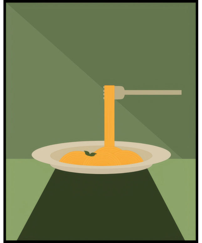 Ein Poster von einem gezeichneten Teller Spaghetti mit einer Gabel, die Nudeln hochzieht, auf grünem Hintergrund.