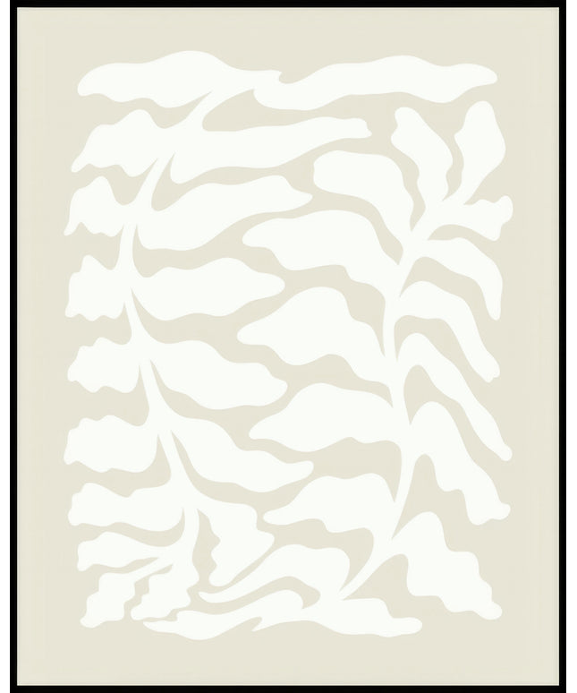 Ein Poster mit einer abstrakten weißen Pflanzendarstellung auf beigem Hintergrund.