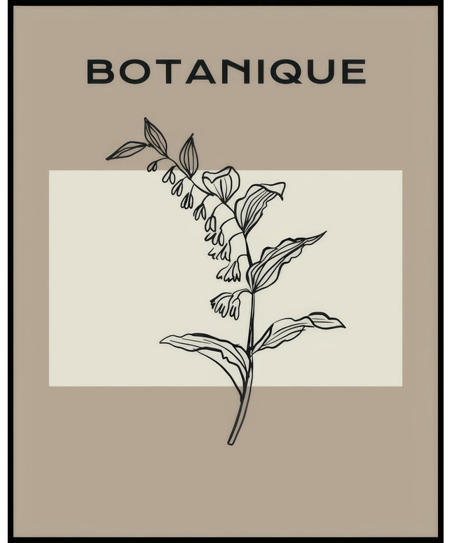 Ein Poster von einer botanische Illustration einer Pflanze mit dem Titel "Botanique" auf beigem Hintergrund.