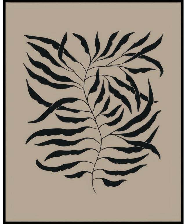 Ein Poster von einer Illustration von schwarzen Pflanzenblättern auf beigem Hintergrund.