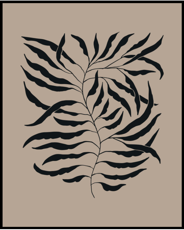 Ein Poster von einer Illustration von schwarzen Pflanzenblättern auf beigem Hintergrund.