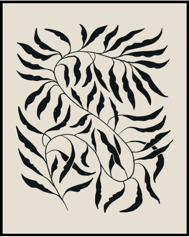 Ein Poster von einer botanischen Illustration mit den schwarzen Blättern einer Stängelpflanze auf cremefarbenem Hintergrund.