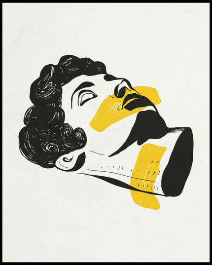 Ein Poster von einer Illustration eines liegenden Männerkopfes in Schwarz und Gelb.