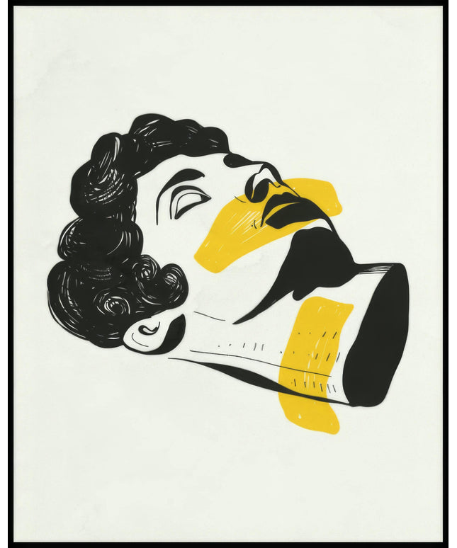 Ein Poster von einer Illustration eines liegenden Männerkopfes in Schwarz und Gelb.