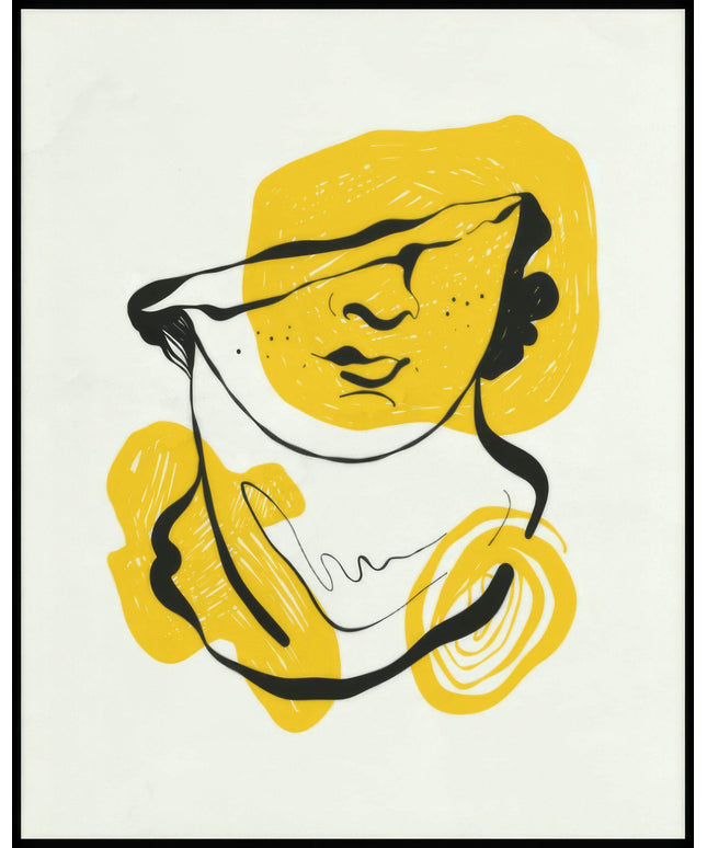 Ein Poster mit einer abstrakten Illustration eines Gesichts, umgeben von gelben und schwarzen Linien.