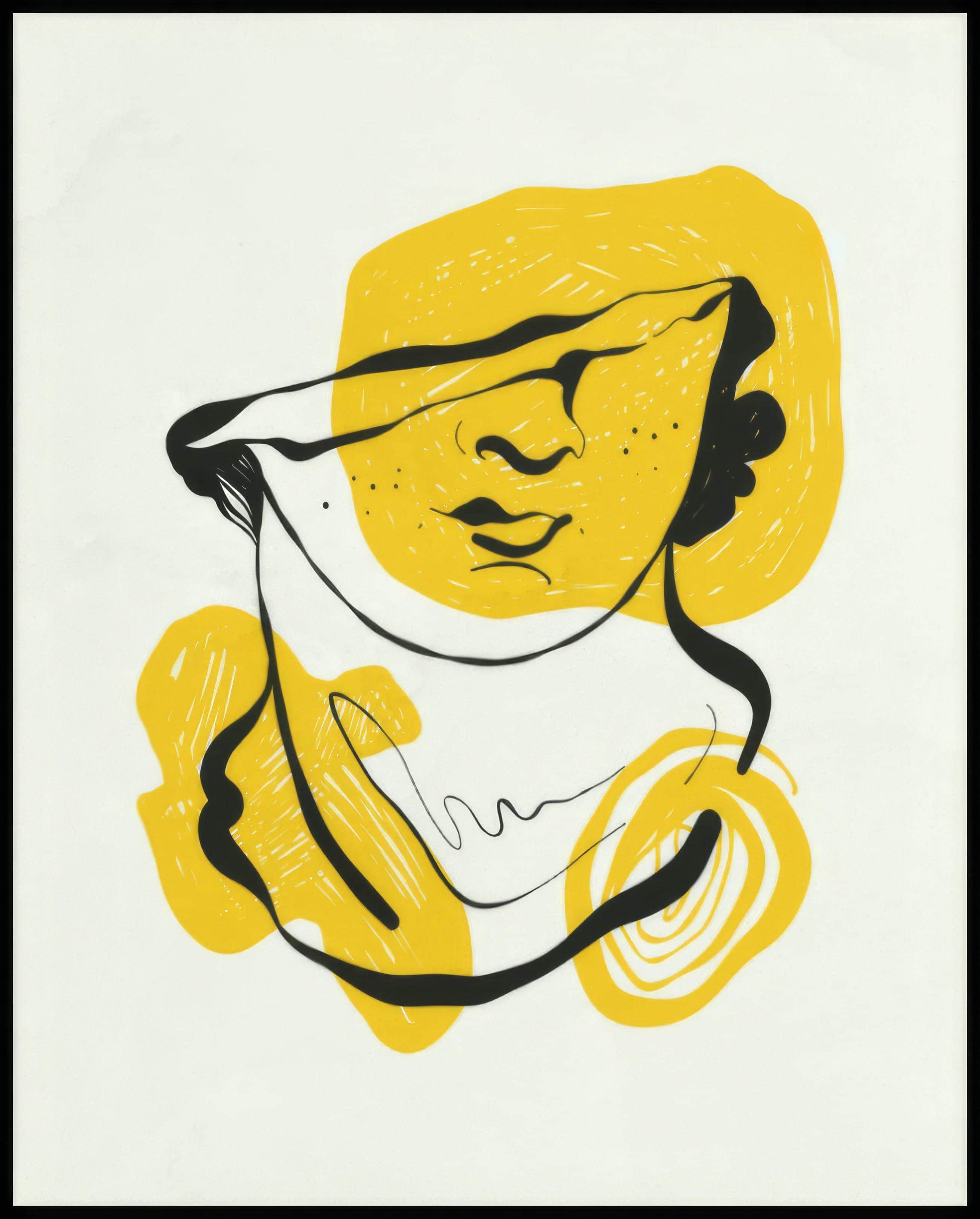 Ein Poster mit einer abstrakten Illustration eines Gesichts, umgeben von gelben und schwarzen Linien.