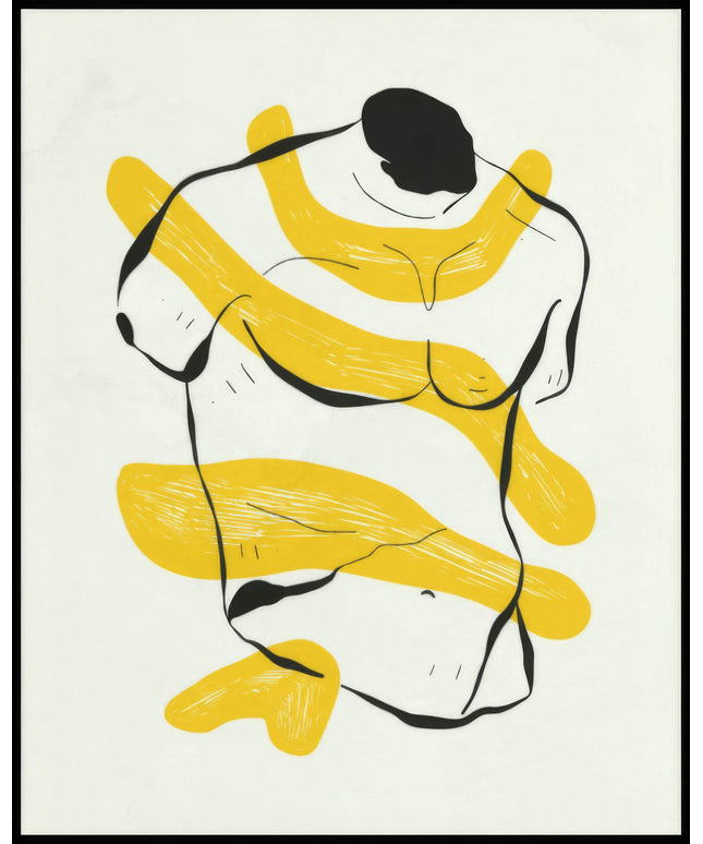Ein Poster mit einer abstrakten Illustration eines Torso ohne Kopf und Gliedmaßen, umgeben von gelben Linien.
