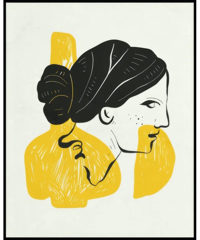 Ein Poster von einer minimalistische Illustration eines weiblichen Büstenkopfes mit gelben Akzenten.