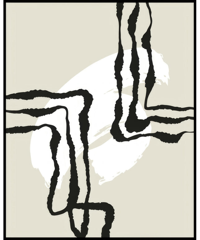 Ein Poster mit abstrakten schwarzen Linien auf beigem Hintergrund, die ineinander verschlungen sind.