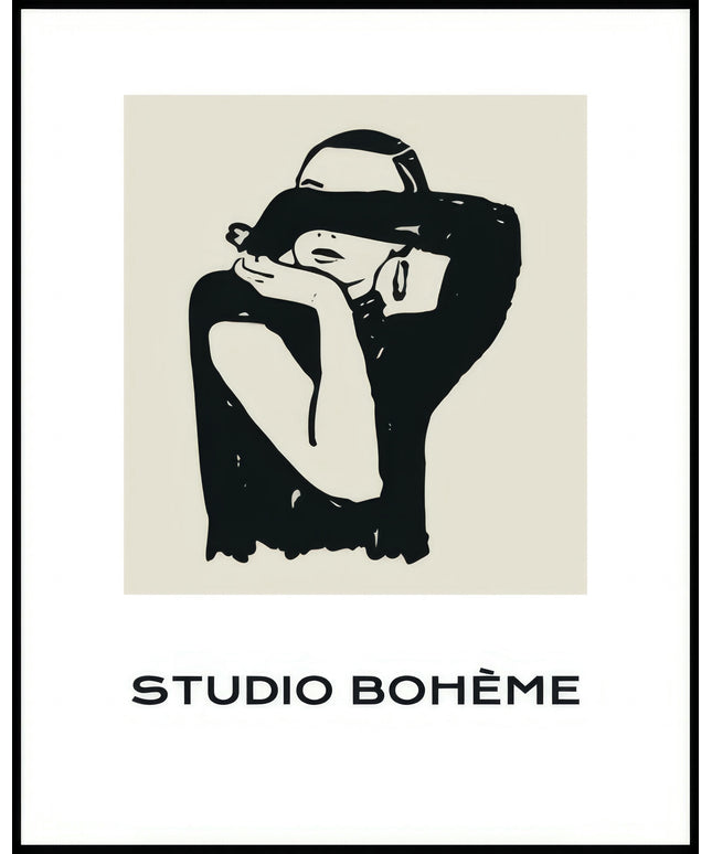 Ein Poster von einer skizzierten Frau, mit einem schwarzen Oberteil, welches nur einen Arm bedeckt, die ihre Augen mit einem Unterarm verhüllt.