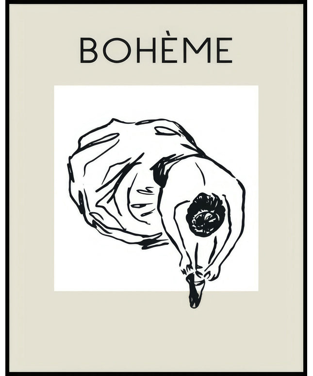 Ein Poster von einer skizzierten, tanzenden Frau in einem weiten Kleid aus der Vogelperspektive.