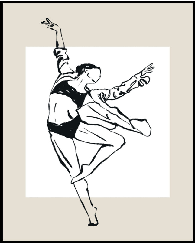 Ein Poster von einer eleganten, tanzenden Frau in schwarzer Unterwäsche und Hemd in einer skizzenhaften Illustration.