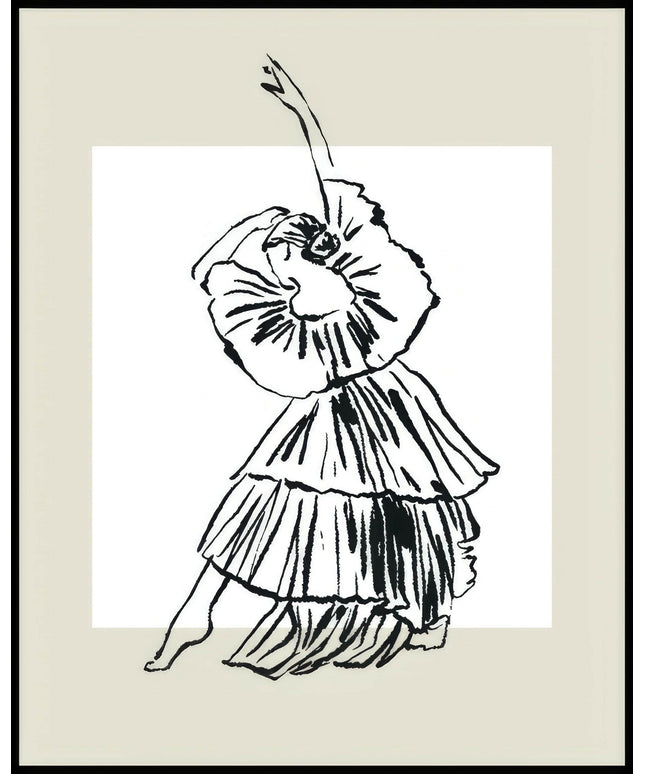 Ein Poster von einer tanzenden Frau in einem fließenden Kleid, skizzenhaft in Schwarz auf einem beigen Hintergrund.