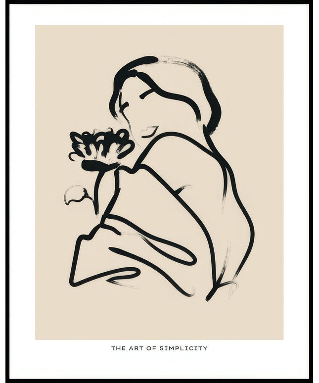 Ein Poster von einer skizzenhaften Illustration einer Frau mit einer Blume in der Hand.
