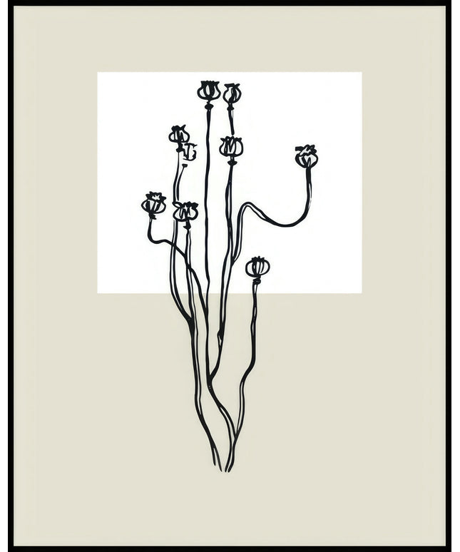 Ein Poster von einer skizzenhaften Darstellung von getrockneten Blumenstielen auf beigem Hintergrund.