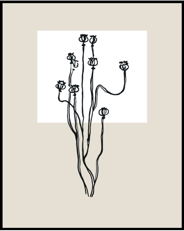 Ein Poster von einer skizzenhaften Darstellung von getrockneten Blumenstielen auf beigem Hintergrund.