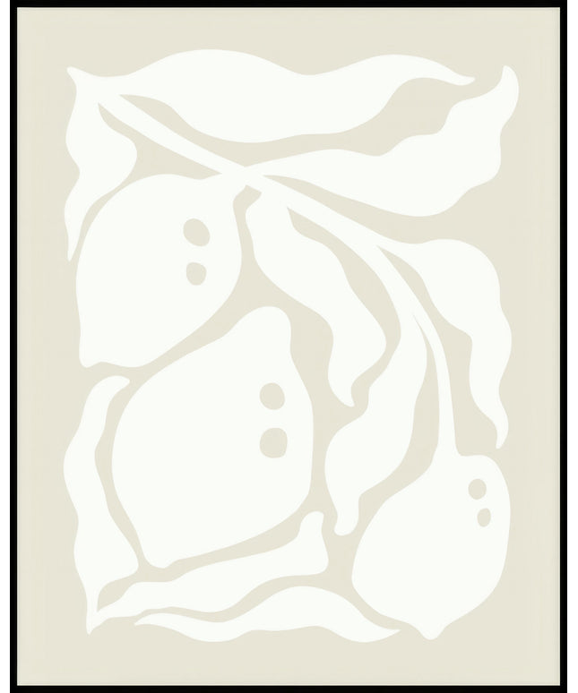 Ein Poster von einer abstrakten Darstellung von Zitronen und Blättern in weiß auf beigem Hintergrund dar.