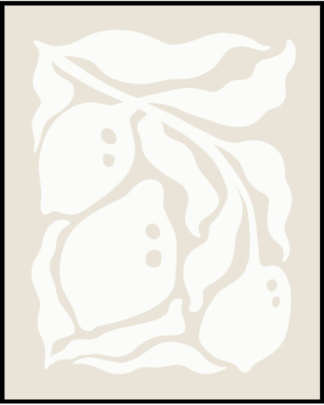 Ein Poster von einer abstrakten Darstellung von Zitronen und Blättern in weiß auf beigem Hintergrund dar.