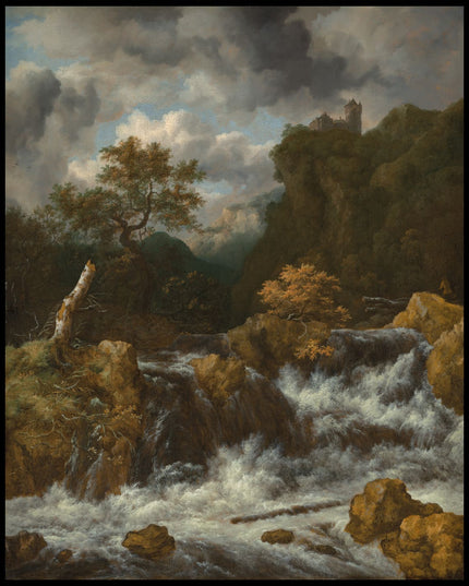 A mountainous landscape with a waterfall and a castle