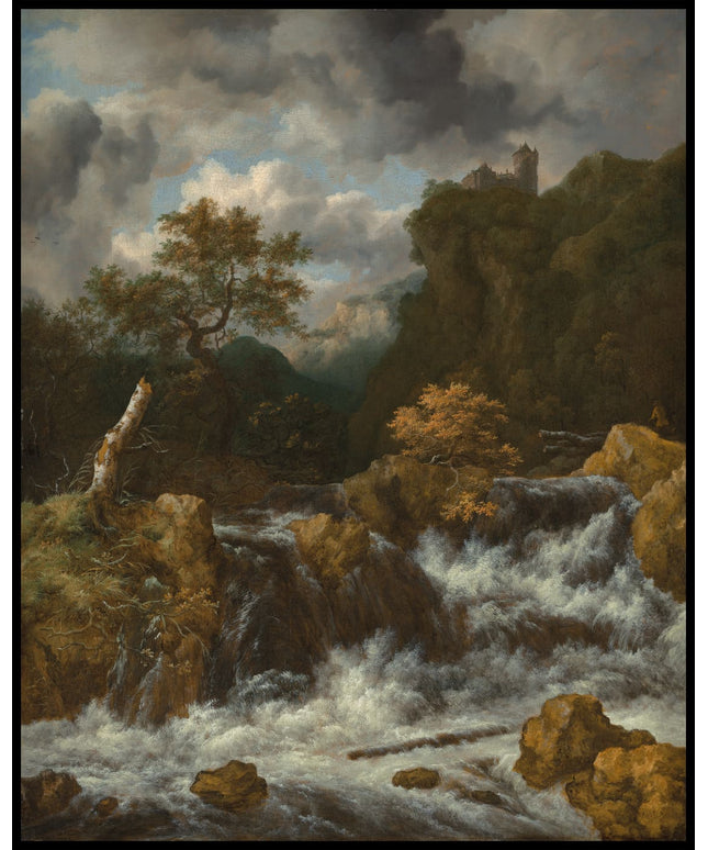 A mountainous landscape with a waterfall and a castle