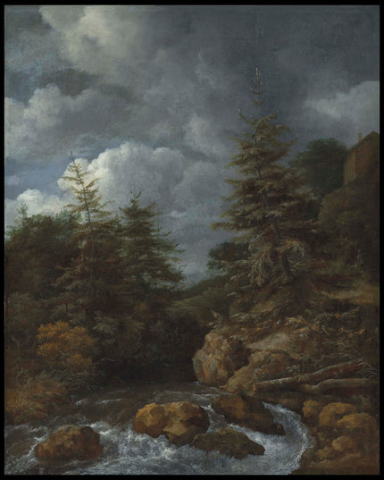 A river landscape with fir trees by a cascade