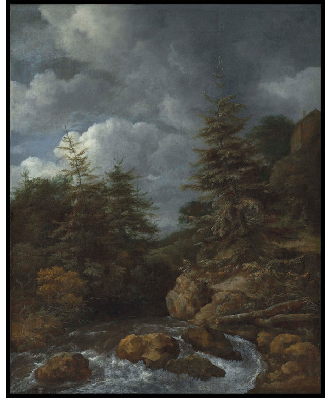 A river landscape with fir trees by a cascade